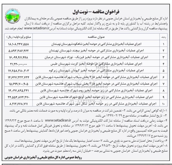 فراخوان مناقصه, مناقصه اجرای عملیات آبخیزداری مشارکتی در حوضه آبخیز 