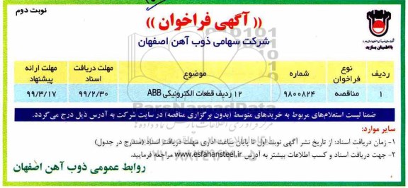 فراخوان, فراخوان مناقصه  12 ردیف قطعات الکترونیکی ABB نوبت دوم 