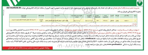 آگهی مزایده مزایده فروش یک رقبه ملک تملیکی مسکونی 