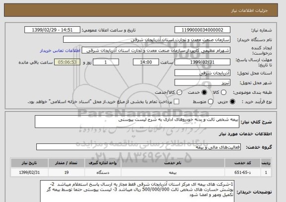 استعلام بیمه شخص ثالت و بدنه خودروهای اداری به شرح لیست پیوستی