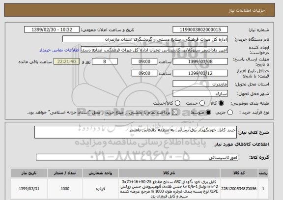 استعلام خرید کابل خودنگهدار برق رسانی به منطقه دالخانی رامسر