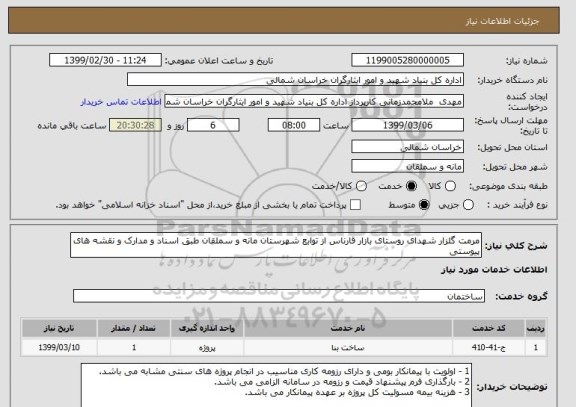 استعلام مرمت گلزار شهدای روستای بازار قارناس از توابع شهرستان مانه و سملقان طبق اسناد و مدارک و نقشه های پیوستی