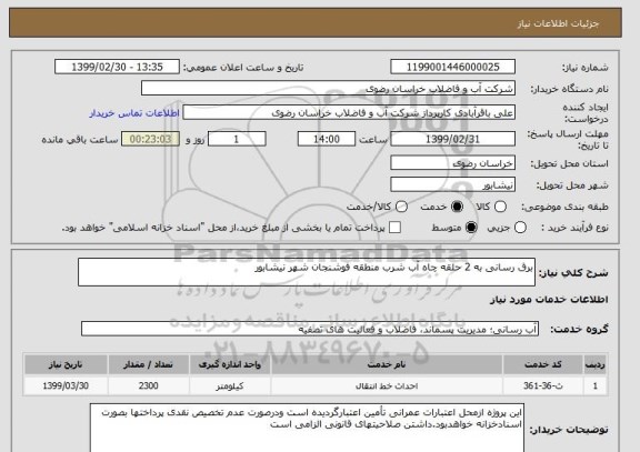 استعلام برق رسانی به 2 حلقه چاه آب شرب منطقه فوشنجان شهر نیشابور