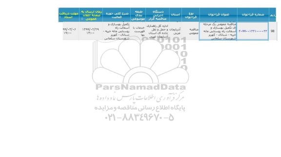 مناقصه, مناقصه  تکمیل و بهسازی و آسفالت راه روستایی