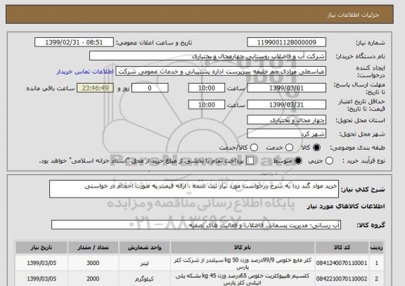 استعلام خرید مواد گند زدا به شرح درخواست مورد نیاز ثبت شده . ارائه قیمت به صورت احجام در خواستی 