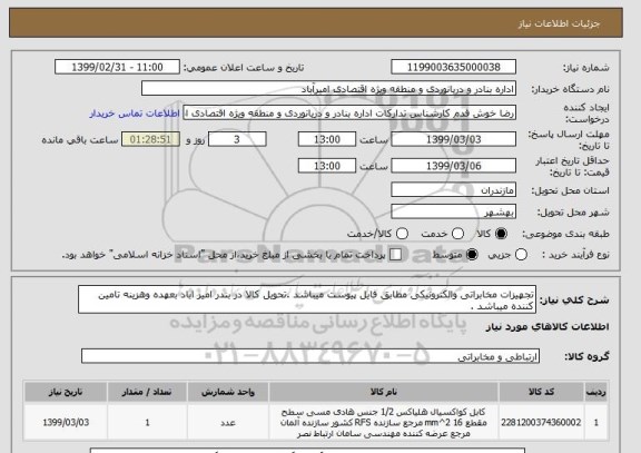 استعلام تجهیزات مخابراتی والکترونیکی مطابق فایل پیوست میباشد .تحویل کالا در بندر امیر اباد بعهده وهزینه تامین کننده میباشد .