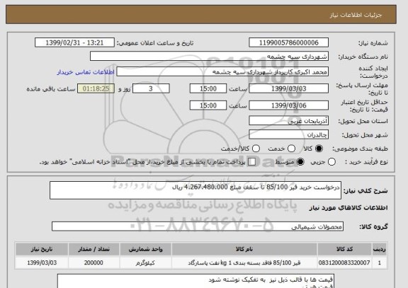 استعلام درخواست خرید قیر 85/100 تا سقف مبلغ 4.267.480.000 ریال