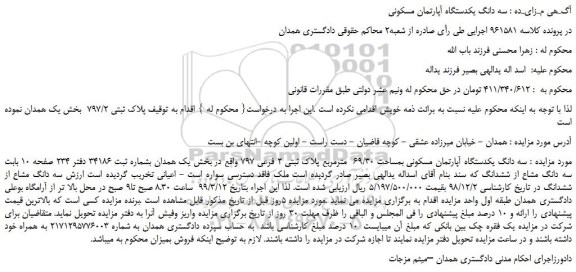 مزایده، مزایده فروش سه دانگ یکدستگاه آپارتمان مسکونی  