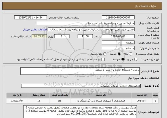 استعلام تامین 4 دستگاه خودرو پژو پارس و سمند