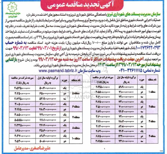 تجدید مناقصه , تجدید مناقصه عملیات اجرایی خدمات شهری مناطق 