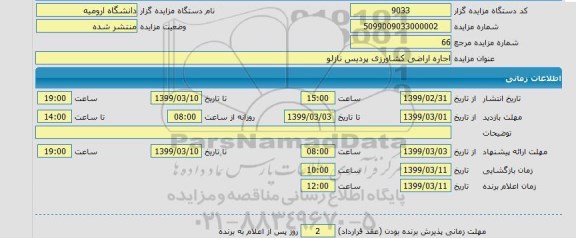 مزایده، مزایده اجاره اراضی کشاورزی پردیس نازلو 