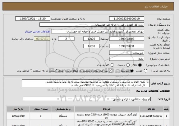 استعلام کلیه اقلام درخواستی بایستی مطابق درخواست پیوست سامانه واز برند تراست باشد .
کل اعتبار اسناد خزانه اخزا 802 با سررسید 99/4/30 می باشد.
