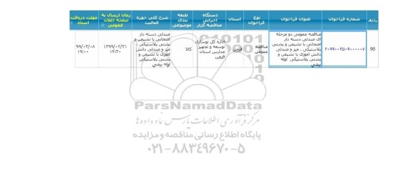 مناقصه، مناقصه صندلی دسته دار امتحانی با نشیمن و پشتی پلاستیکی و...