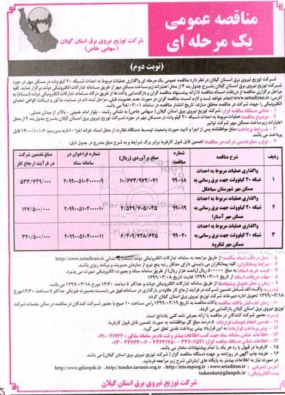 مناقصه , مناقصه واگذاری عملیات مربوط به احداث شبکه 20 کیلوولت جهت برق رسانی به مسکن مهر- نوبت دوم 