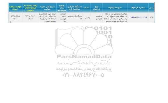 مناقصه, مناقصه  انجام امور خدماتی و پشتیبانی 