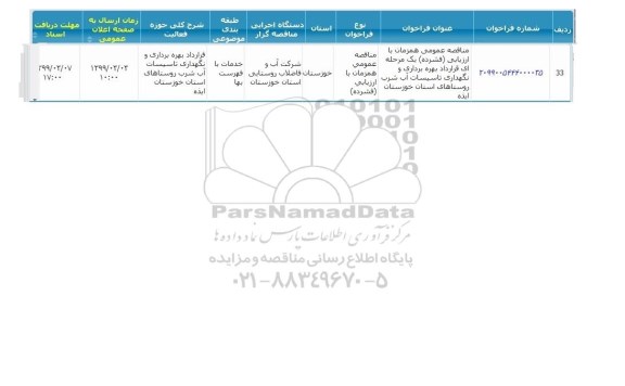 مناقصه، مناقصه قرارداد بهره برداری و نگهداری تاسیسات آب شرب