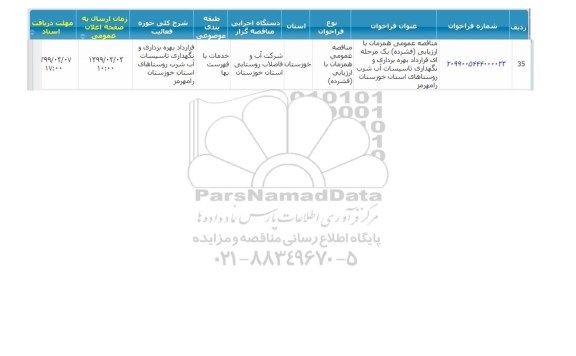 مناقصه، مناقصه قرارداد بهره برداری و نگهداری تاسیسات آب شرب