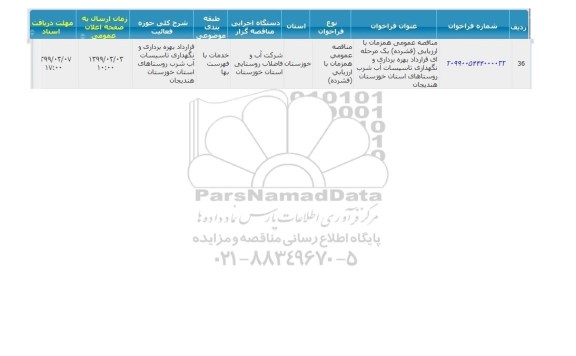 مناقصه، مناقصه قرارداد بهره برداری و نگهداری تاسیسات آب شرب