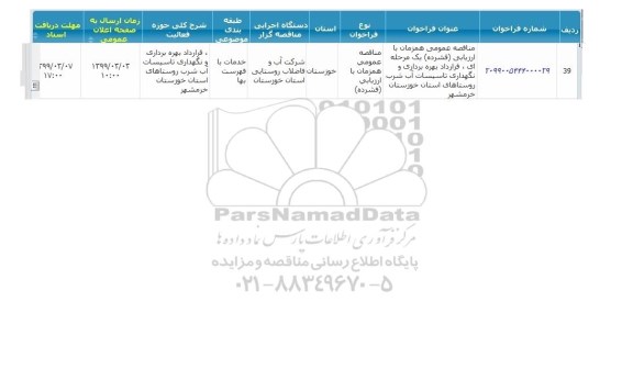 مناقصه قرارداد بهره برداری و نگهداری تاسیسات آب