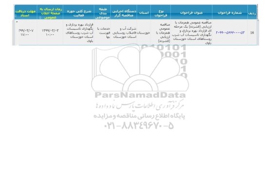 مناقصه  قرارداد بهره برداری و نگهداری تاسیسات اب شرب