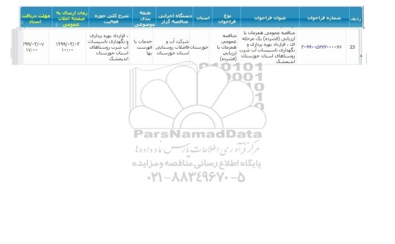 مناقصه قرارداد بهره برداری و نگهداری تاسیسات آب