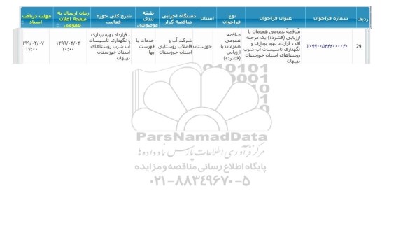 مناقصه  قرارداد بهره برداری و نگهداری تاسیسات اب شرب