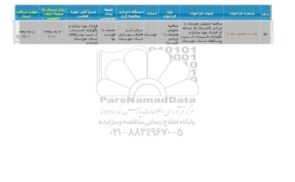 مناقصه  قرارداد بهره برداری و نگهداری تاسیسات اب شرب