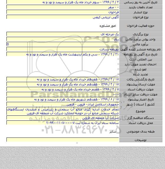 انجام خدمات اندازه گیری منابع آب سطحی و زیرزمینی و متصدیان ایستگاههای شبکه سنجش منابع آب در حوضه عملکرد شرکت آب منطقه ای قزوین