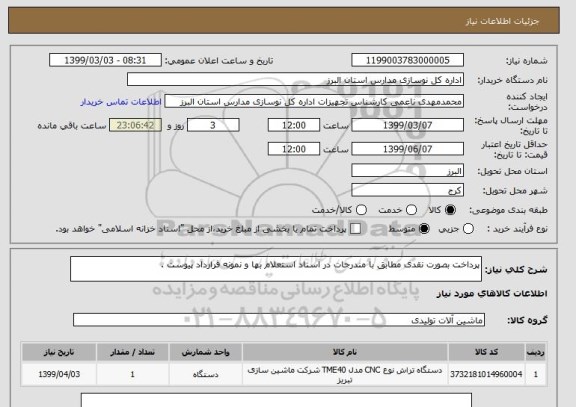 استعلام پرداخت بصورت نقدی مطابق با مندرجات در اسناد استعلام بها و نمونه قرارداد پیوست .