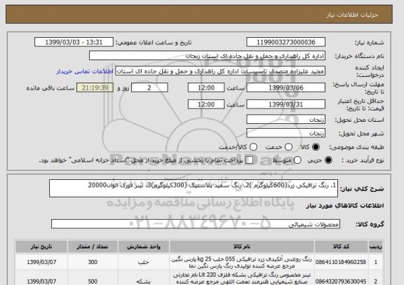 استعلام 1. رنگ ترافیکی زرد(600کیلوگرم )2. رنگ سفید پلاستیک (300کیلوگرم)3. تینر فوری الوان20000