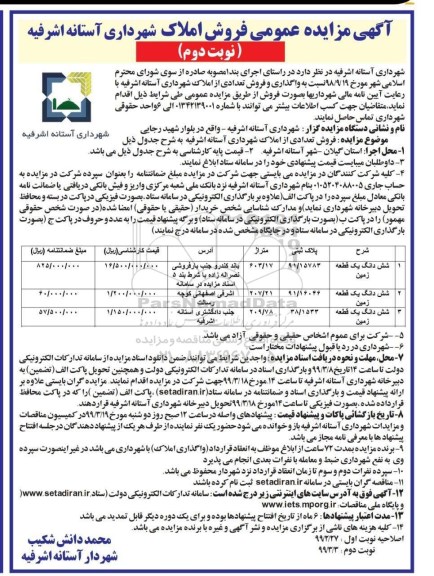 آگهی مزایده مزایده فروش ششدانگ یک قطعه زمین نوبت دوم 