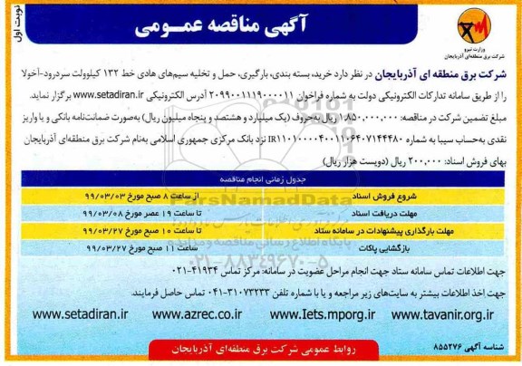 مناقصه ، مناقصه خرید بسته بندی، بارگیری، حمل و تخلیه سیم های هادی