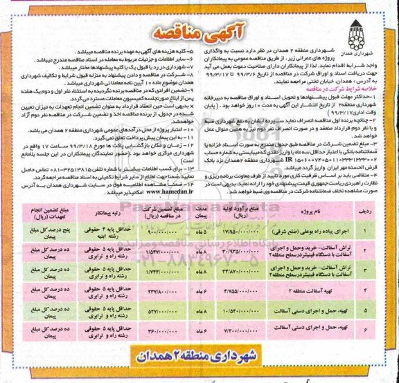 مناقصه اجرای پیاده راه  و...