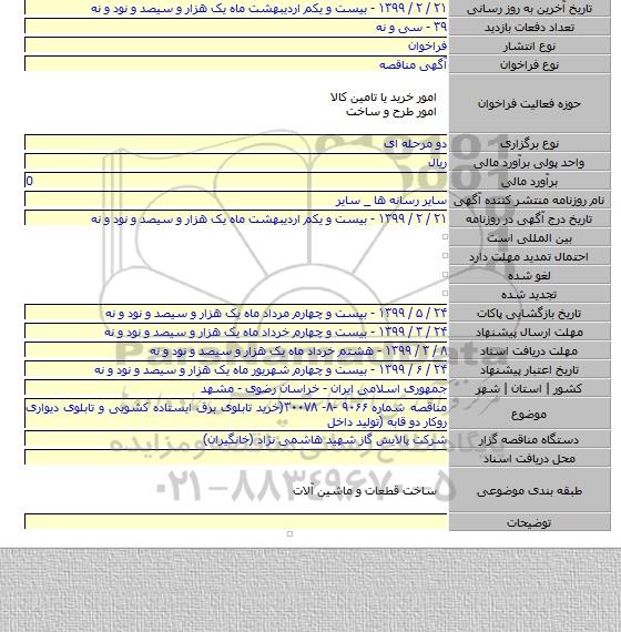مناقصه شماره ۹۰۶۶ -۸- ۳۰۰۷۸(خرید تابلوی برق ایستاده کشویی و تابلوی دیواری روکار دو قابه (تولید داخل