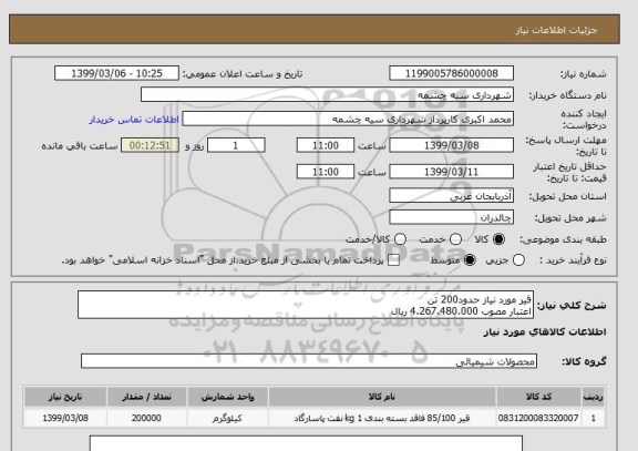 استعلام قیر مورد نیاز حدود200 تن
اعتبار مصوب 4.267.480.000 ریال