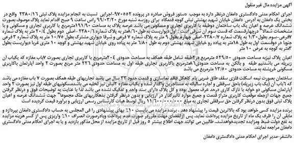 مزایده، مزایده فروش ششدانگ عرصه و اعیان یک باب ساختمان دوطبقه با کاربری تجاری و مسکونی 