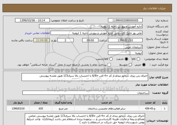 استعلام اجرای بتن ریزی ،آرماتور بندی از کد +4 الی +6/8 با احتساب بالا سری1/3 طبق نقشه پیوستی 
