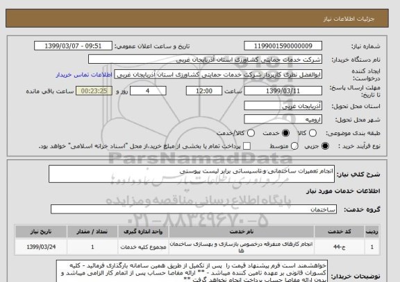 استعلام انجام تعمیرات ساختمانی و تاسیساتی برابر لیست پیوستی 