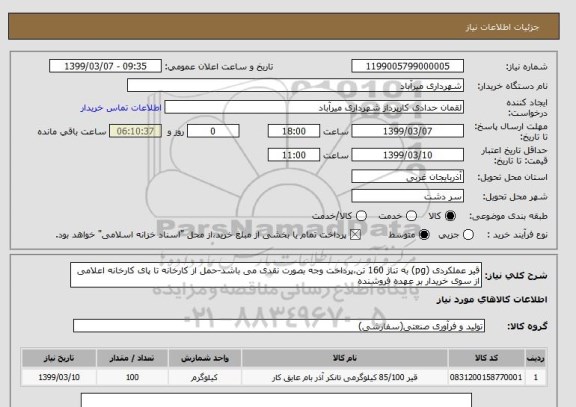 استعلام قیر عملکردی (pg) به تناژ 160 تن،پرداخت وجه بصورت نقدی می باشد-حمل از کارخانه تا پای کارخانه اعلامی از سوی خریدار بر عهده فروشنده