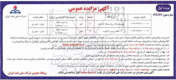آگهی مزایده عمومی ، مزایده انواع بلبرینگ و رولر برینگ