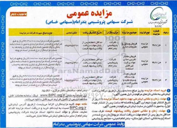 مزایده عمومی، مزایده فروش وسایل و ملزومات اداری... نوبت دوم