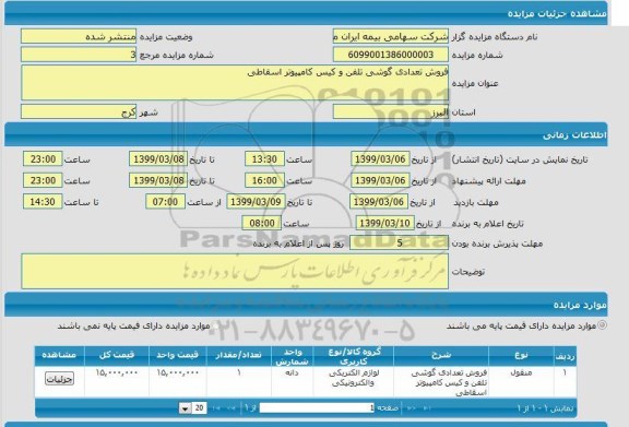 مزایده فروش تعدادی گوشی تلفنی و کیس کامپیوتر اسقاطی 