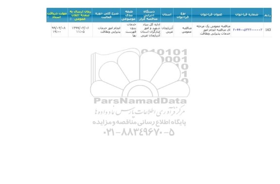 مناقصه، مناقصه انجام امور خدمات پذیرایی و نظافت