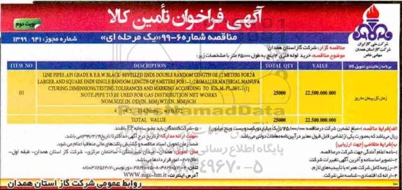 مناقصه، مناقصه  خريد لوله فلزی 4 اينچ به طول 25000 متر- نوبت دوم 