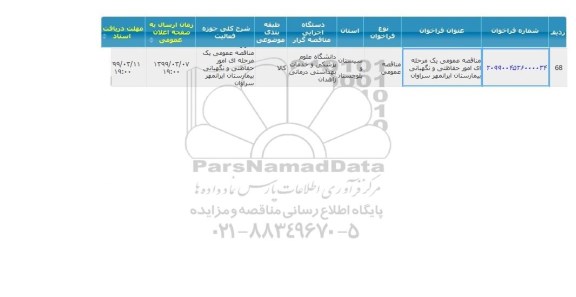 مناقصه عمومی یک مرحله ای امور حفاظتی و نگهبانی بیمارستان