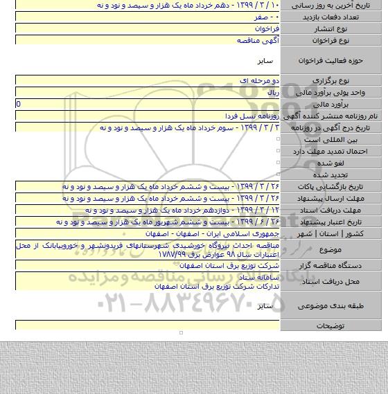 مناقصه احداث نیروگاه خورشیدی شهرستانهای فریدونشهر و خوروبیابانک از محل اعتبارات سال ۹۸ عوارض برق ۱۷۸۷/۹۹