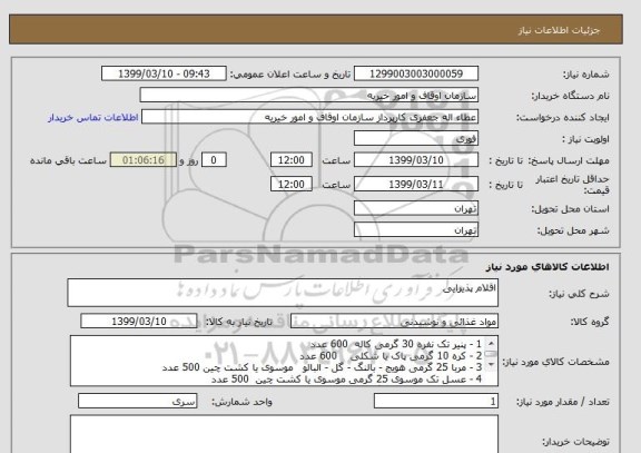 استعلام اقلام پذیرایی 