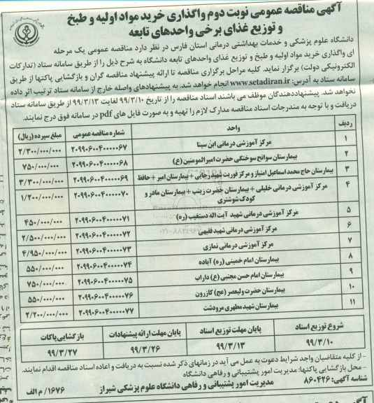 آگهی مناقصه عمومی , واگذاری خرید مواد اولیه و طبخ و توزیع غذا نوبت دوم 