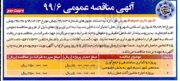 آگهی مناقصه عمومی , مناقصه پروژه واگذاری ساماندهی و جمع آوری سدمعبر شهر و ...نوبت دوئم 