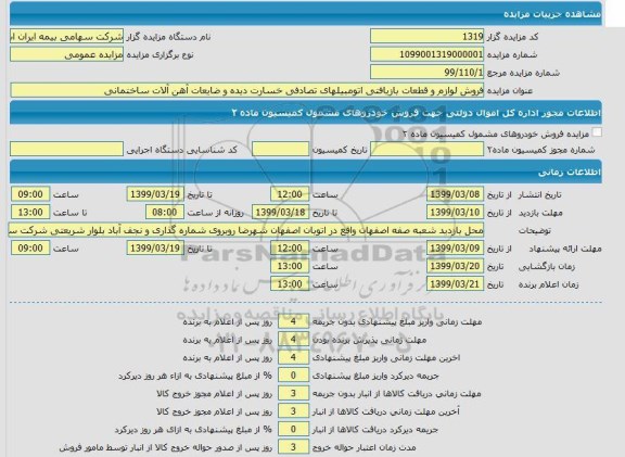 مزایده, مزایده  فروش لوازم و قطعات بازیافتی اتومبیل های تصادفی خسارت دیده و ...